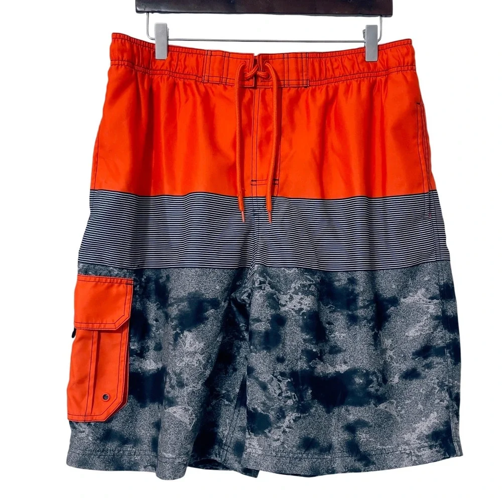 O'Rageous Mens Swim Trunks XL Orange Striped Cargo Board‎ Shorts Mesh Lined